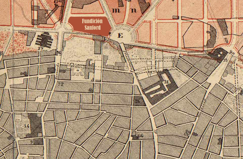 Situación de la Fundición Sanford en el plano del Ensanche de Madrid de Castro de 1860
